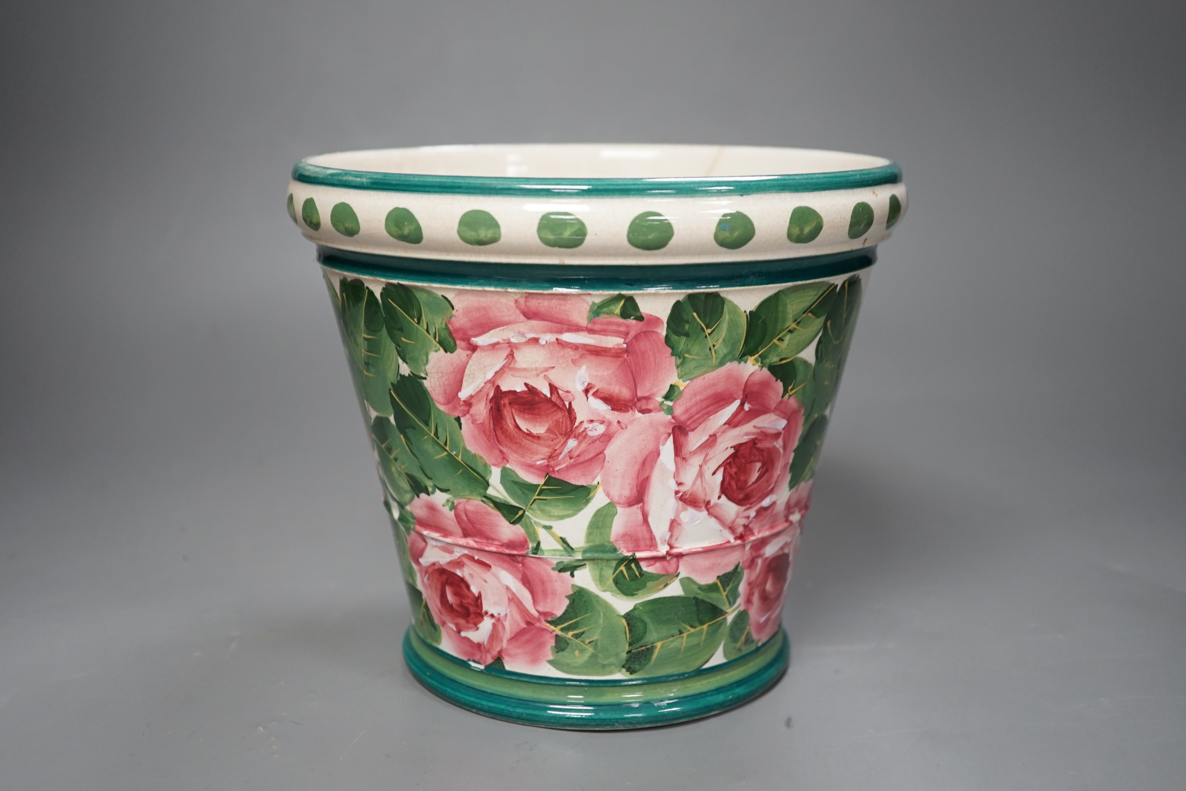 A Wemyss cabbage rose pattern flower pot (cracked), 17cm high